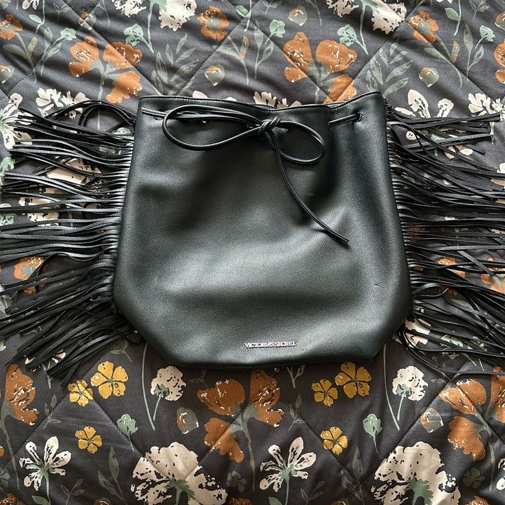 Leather Drawstring Fringe Bag